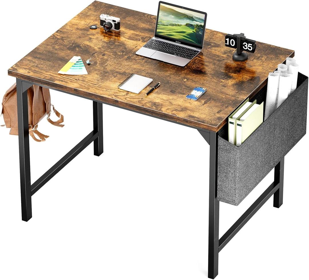 Sweetcrispy Computer Small Office Desk 32 Inch Student Kids Study Writing Work with Headphone Hooks & Storage Bag Modern Simple PC Home Bedroom Table, Rustic Brown