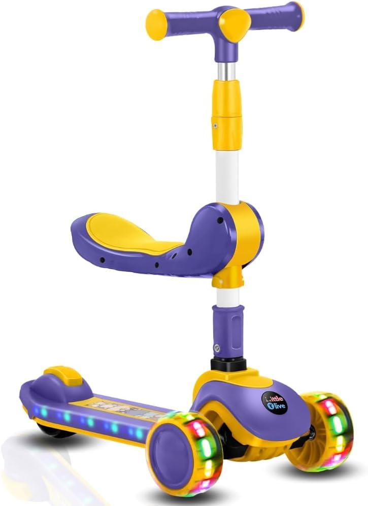 Little Olive 2-in-1 Kids Scooter with LED Wheels - Adjustable Handles, Rear Brake, Comfortable Seat, and Built-in Music - Durable and Foldable Kick Scooter for Boys and Girls Age 3+ - Purple