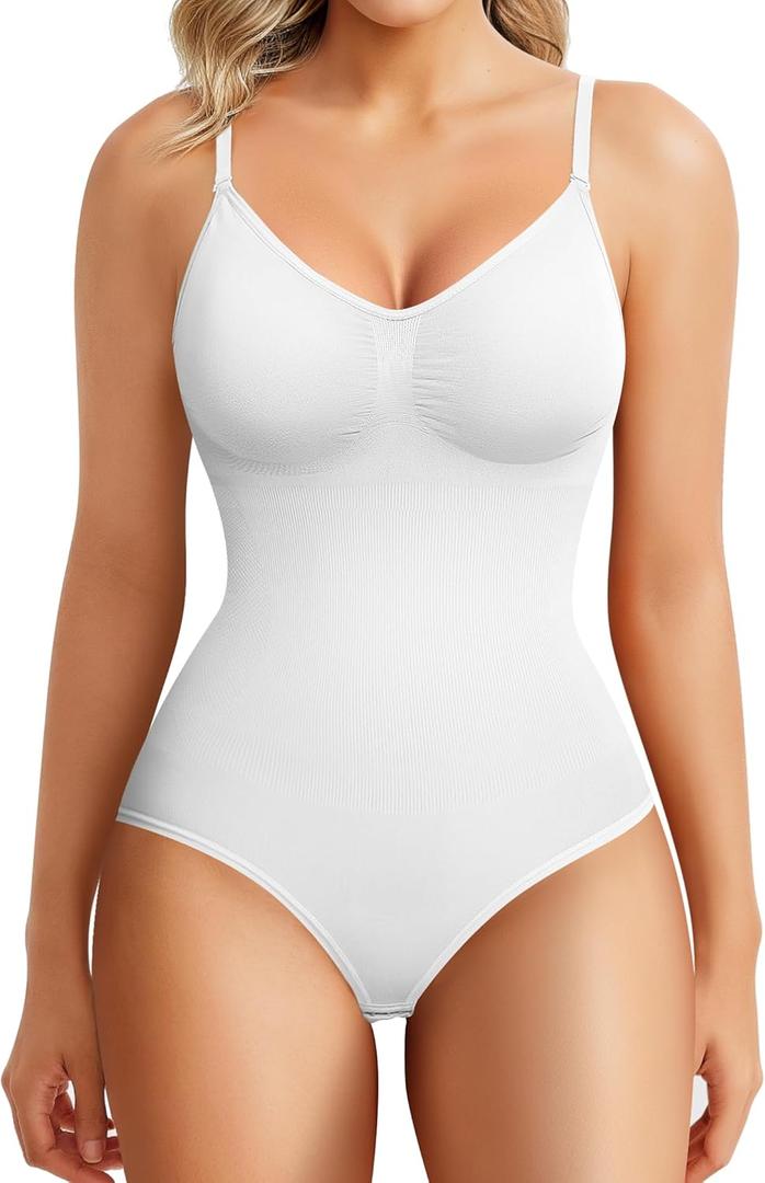 BRABIC Womens' Seamless Sleeveless V-Neck Bodysuit Shapewear Tummy Control (X-Large-XX-Large, White Brief)