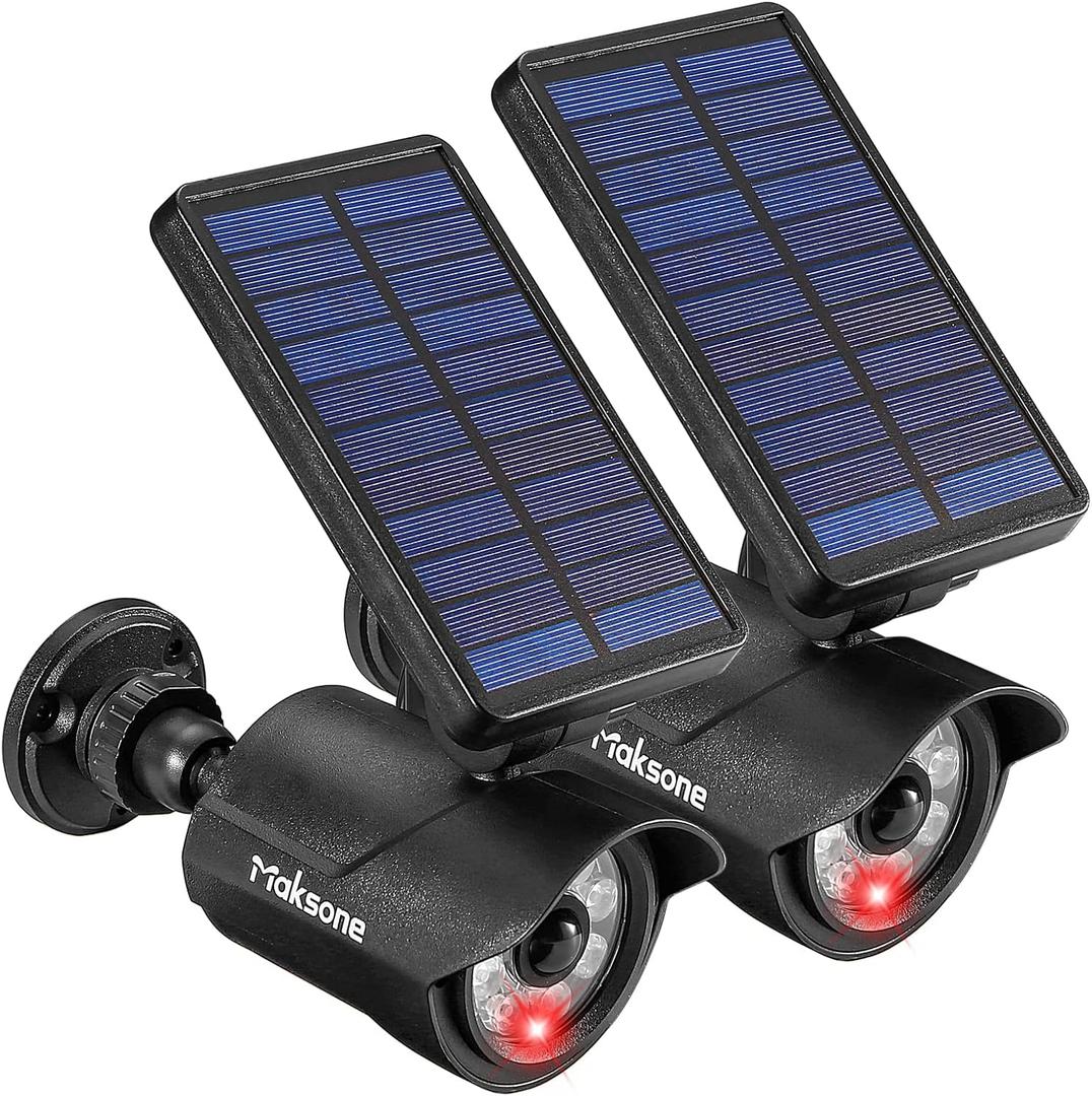 Maksone Solar Lights Motion Sensor Security Light METAL Finishing, Fake Camera Red Indicator Dummy Camera IP66 Waterproof Lamp Outdoor Landscape&Wall mount Highly Bright 2400mAh for garden yard 2 Pack