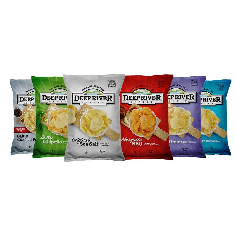 Deep River Potato Chips Variety Pack 6 Flavors 2 oz (24 Pack) - Kosher & Gluten Free, Kettle Cooked Potato Chips, 6 Flavors Assortment, Premium Snack Selection, Ideal for Parties & Gatherings, ( best by Aug24 2026)