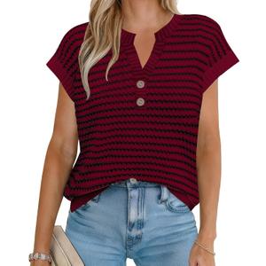 Women's Sweater Vest Spring Summer Button V Neck Striped Pullover Tank Top Cap Sleeve Knit Sweaters Tops (Green, S)