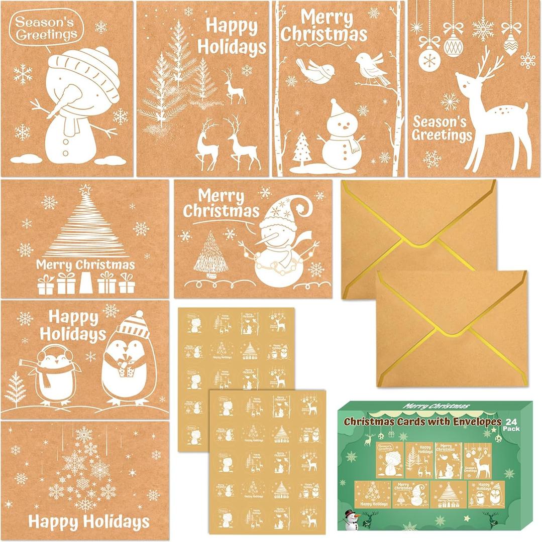 WorldBazaar Christmas Greeting Cards with Envelopes Bulk 24 Pack Cute Kraft Christmas Cards Adults Kids Winter Holiday Party Supplies White