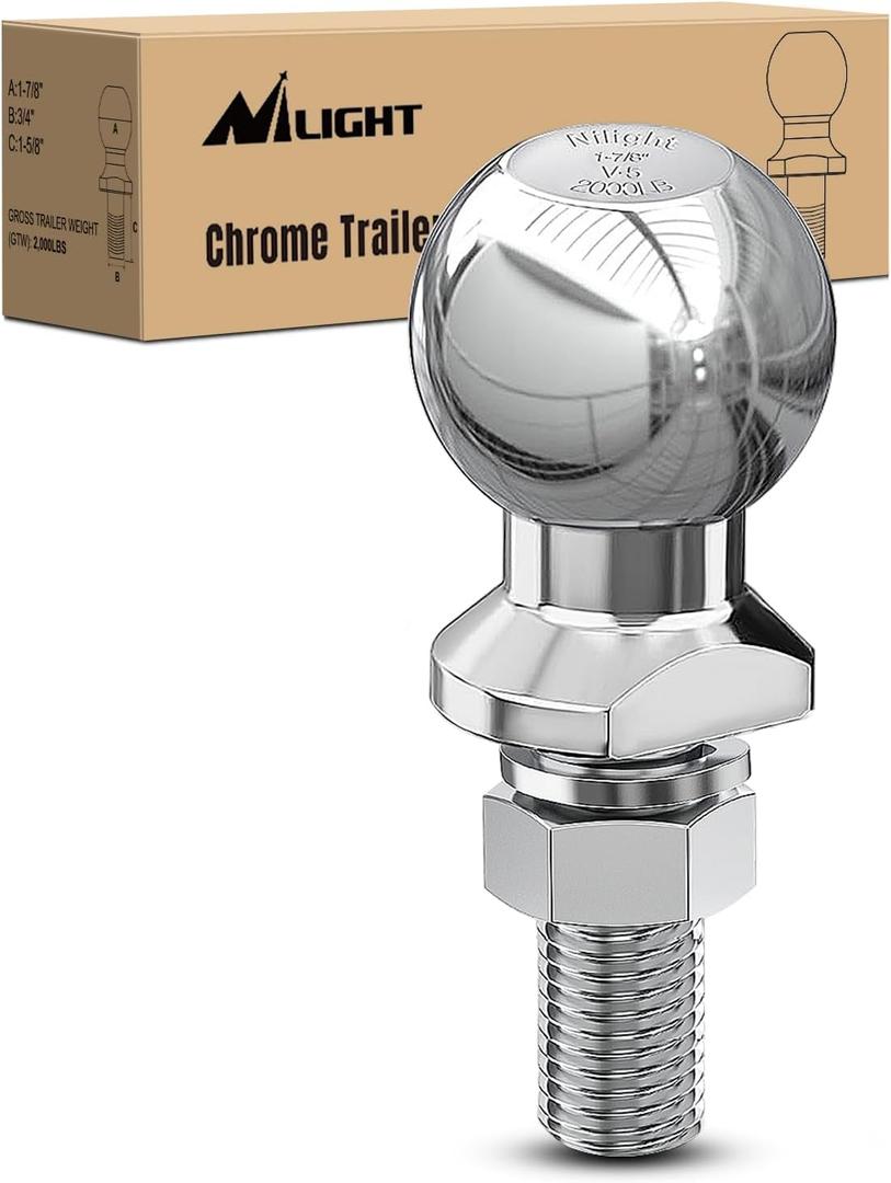 Nilight 1-7/8-Inch Diameter Chrome Trailer Hitch Ball, 2,000 lbs, 1 x 1-5/8-Inch Shank Universal Fit Gray
