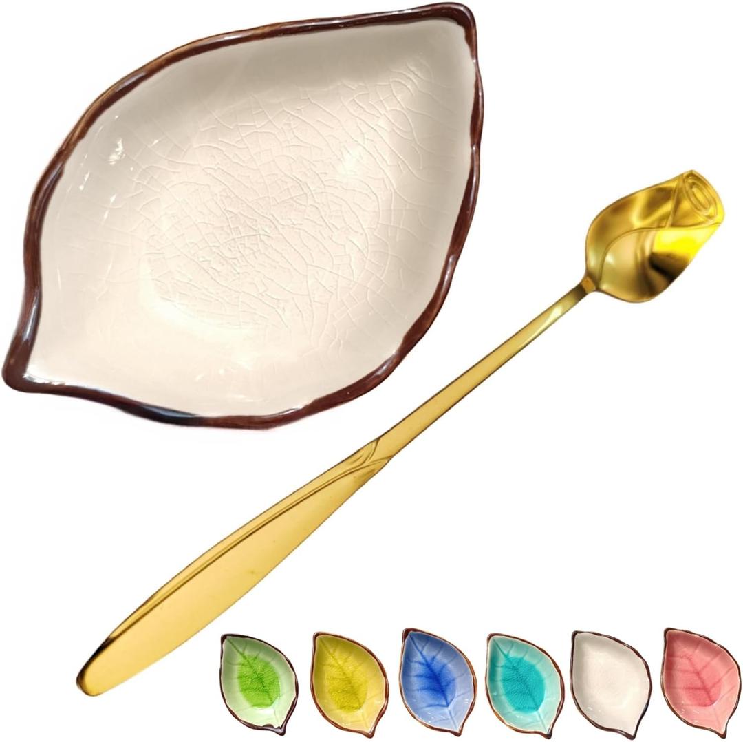 Coffee Spoon and Rest for Coffee Bar Accessories, Leaf Small Spoon Rest for Coffee Station, Tea Spoon Rest Tea Spoon Holder Teaspoon Rest, 1 PC (Ice Cracks Cream White with Gold Rose Spoon)