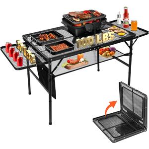 Portable Grill Table with 2 Wing Panels, Height Adjustable Folding Table with Mesh Bag, 140lbs 3Ft Folding Outdoor Table for Camping, BBQ, RV, Picnic & Beach Outdoor Adventures, 35"L x 23"W