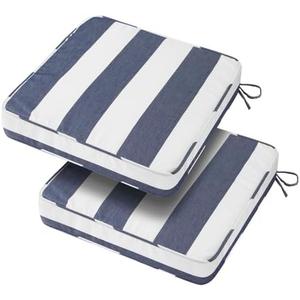 BLSTISCEN 18"x18"x3" Outdoor Square Corner Chair Cushions with Ties Set of 2, Water&Fade Resistant Thick Seat Cushion Pads for Garden Patio Dining Porch Furniture - Navy White Striped