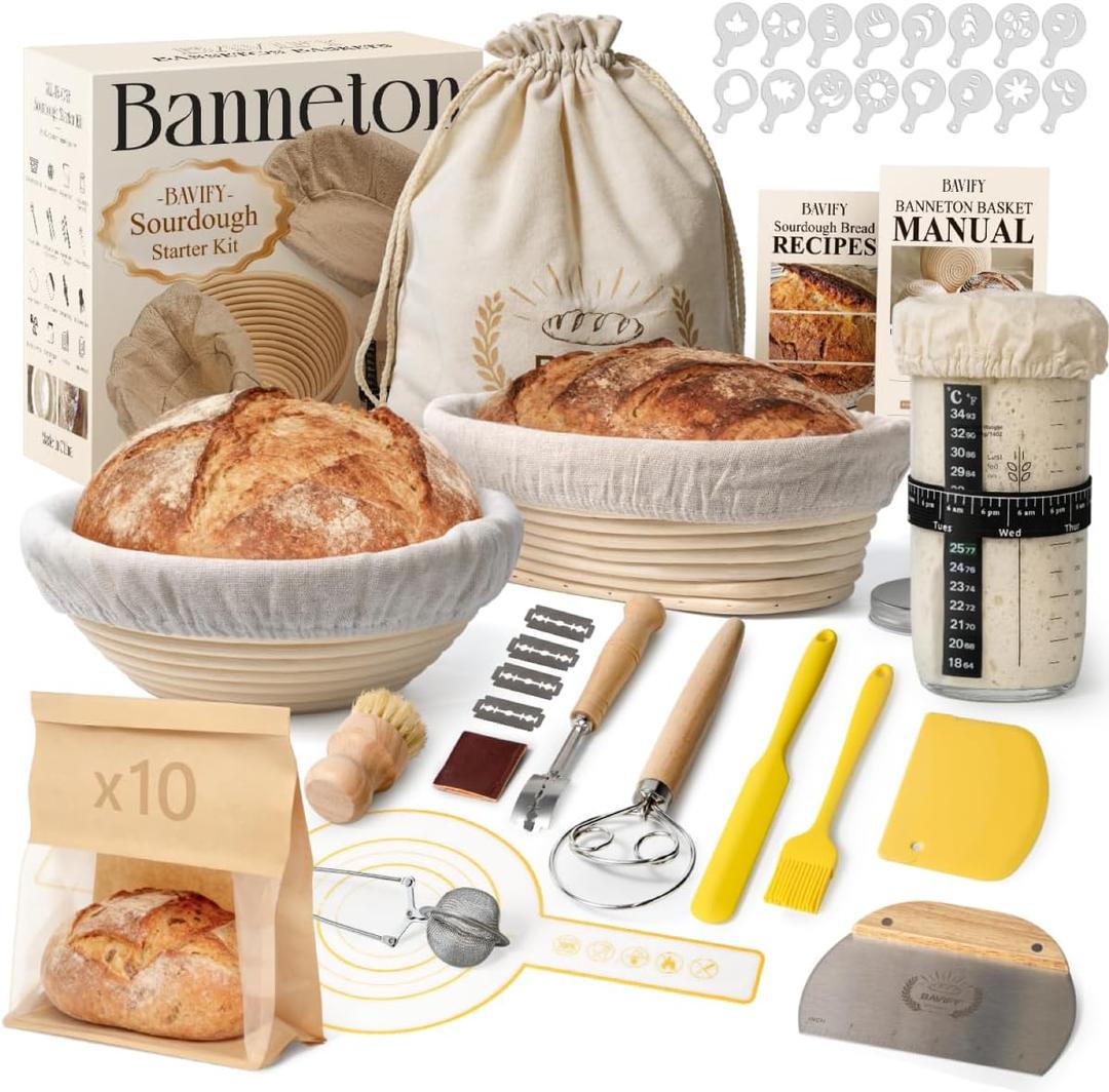 Sourdough Starter Kit, 9" Round & 10" Oval Banneton Bread Proofing Baskets Set with Jar, Sourdough Bread Baking Supplies Bread Making Tools, Sourdough Kit Gifts for Bakers Women