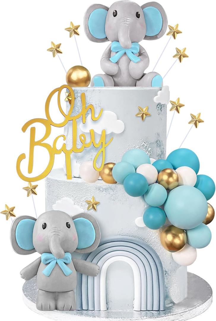 43 PCS Blue Elephant Cake Decoration Cute Baby Elephant Cake Decorations Oh Baby Cake Topper Star Cake Topper Blue Pearl Balls Cake Picks for Baby Shower Boy Elephant Theme Party Supplies
