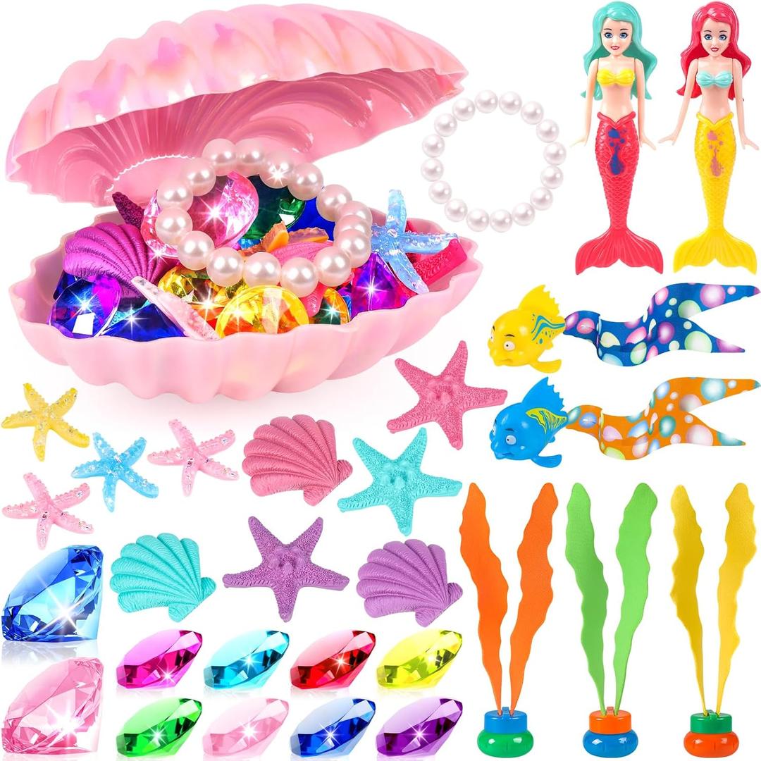 Pool Toys, 31Pcs Mermaid Toys Diving Toys with Shell Treasure Chests and Storage Bag, Swimming Pool Games Summer Water Toy Gift Set for Kids Toddlers Girls Boys