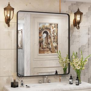 32x36 Inch Black Metal Framed Bathrrom Mirror for Wall, Black Rounded Rectangle Mirror, Matte Black Bathroom Vanity Mirror, Anti-Rust, Tempered Glass, Hangs Horizontally or Vertically