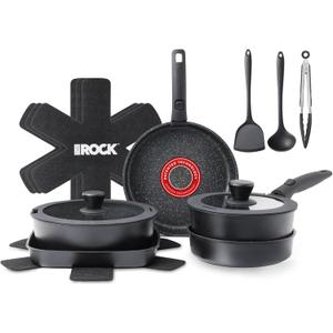 THE ROCK SMART SPACE 16pc Nonstick Pots and Pans Set with ROCK.TEC, Stackable Cookware Set with Detachable Handles, Scratch/Stain/Crack Proof, Induction Ready, Oven & Dishwasher Safe, PFOA-Free, Black