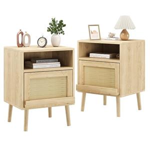 Algglobuy Night Stands for Bedrooms Set of 2, Bed Side Tables Bedroom with Drawer Open Shelf, Rattan Nightstand with Solid Wood Legs for Living Room - Natural