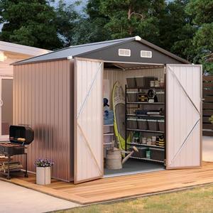 Aoxun 8x15 FT Shed with Floor Galvanized Steel Outdoor Storage Shed Metal Garden Shed with Double Doors, 15mm Moisture-Proof Floor & Ventilation, Sloped Roof for Bike/Generator/Tool Storage (Gray)