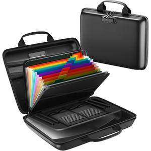 HIBWN Fireproof Document Box, Hard Case Fireproof File Organizer with Lock and 13 Pocket Accordion File Folder, Portable Safe Box for Home Office Travel to Storage Important Documents Laptop Black