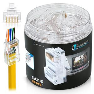 Everest Cat6 RJ45 Pass Through Connector 100-Pack - EZ Cat 6 Pass Through RJ45 Connectors - cat 6 connectors - Ethernet Connector - Ethernet Plug - for Solid or Stranded UTP Network Cable