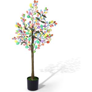 4ft Easter Decorations Tree with Colorful Eggs Artificial Ficus Faux Easter Egg Tree Decor for Party Porch Fireplace Front Door Outdoor Indoor Decoration