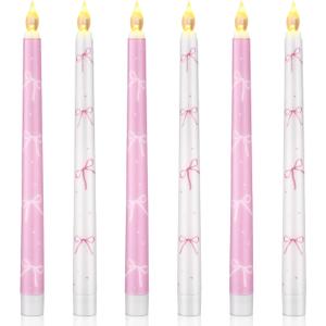6 Pcs Pink Bow Flameless Taper Candles Coquette Bowknot LED Flickering Candles White and Pink Coquette Party Decorations for Birthday Bridal Wedding Dinner Party (Batteries Not Included)