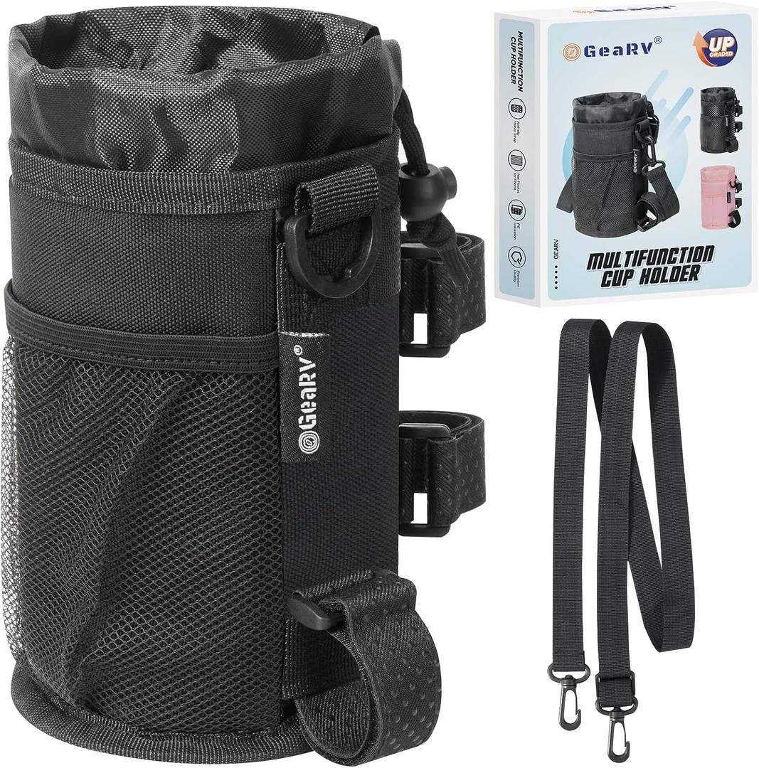 GEARV Bike Cup Holder with Shoulder Strap, Water Bottle Holder for Hiking, Scooter, UTV/ATV, Golf Cart, Universal Drink Holder Accessories (Black)