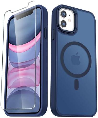 YENAPOON for iPhone 11 Case, Matte Magnetic Phone Case with 1 Screen Protector, Compatible with Magsafe, Translucent Frosted Slim Shockproof Protective Cover for iPhone 11 6.1 inch, Navy Blue