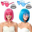 2 Pack Colored Bob Wigs and Heart Sunglasses Set, Blue Hot Pink Short Straight Bob Wig with Bangs Neon Party Colorful Synthetic Hair for Women Men Halloween Costume Bachelorette Party Favors