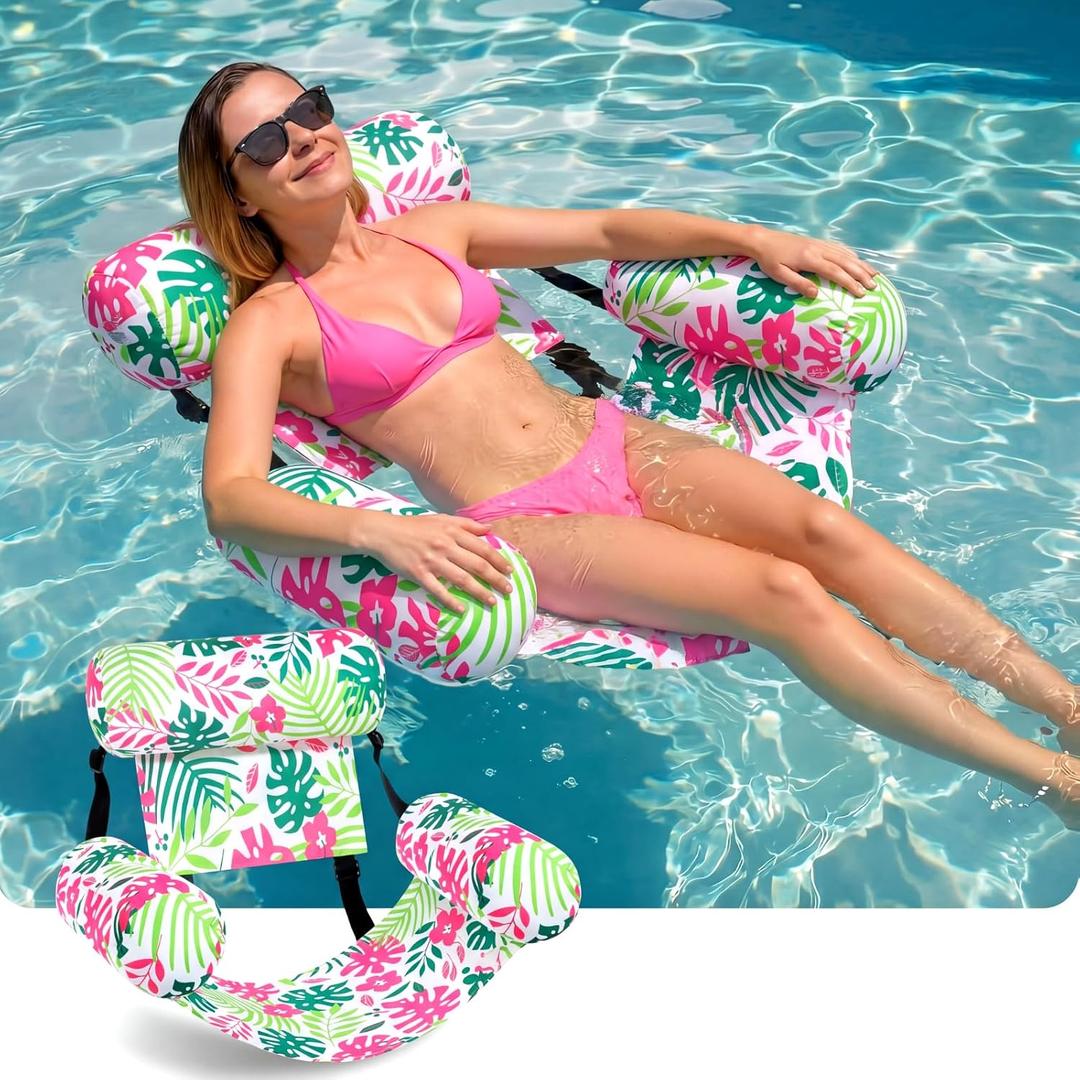 Lunmon Inflatable Pool Floats Adult Heavy Duty Aloha Floating Lounge Chairs Portable Blow up Fabric Pool Noodles Adjustable Tropical Pattern Water Hammock for Summer Beach Lake Party Fun(Pink)