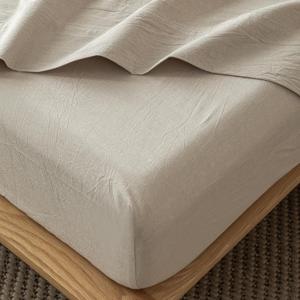 MooMee Fitted Bottom Sheet Only 100% Washed Cotton Linen Like Textured Breathable Durable Soft Comfy Deep Pocket Fits Mattress up to 17" (Tannish Linen Grey, California King)