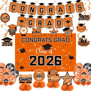 Graduation Decorations 2026 Orange Themed Set - Congrats Grad Banner, Class of 2026 Backdrop, Balloons & Streamers Kit - Complete Party Supplies for High School & College Celebrations