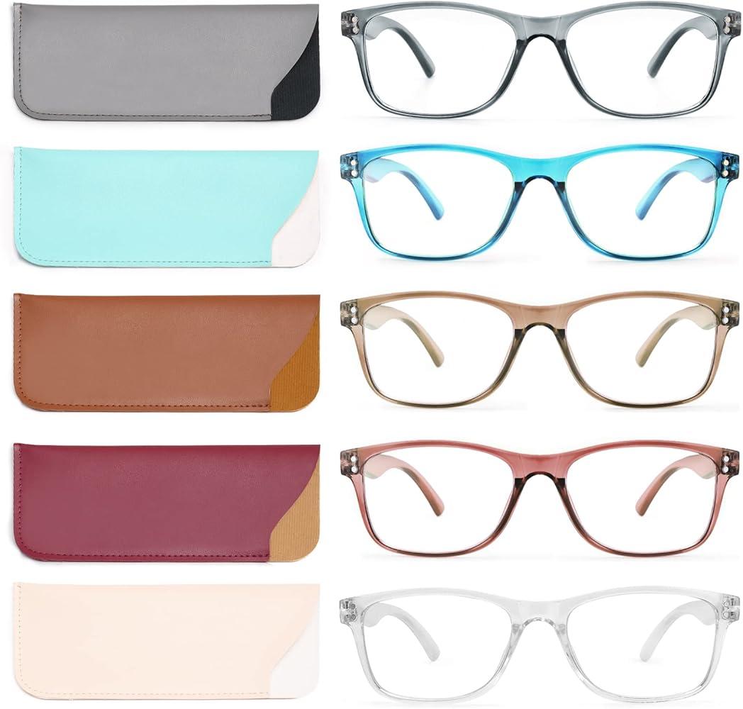 Reading Glasses Blue Light Blocking, Computer Glasses for Women Men, Fashion Square Eyeglasses 5 Pairs