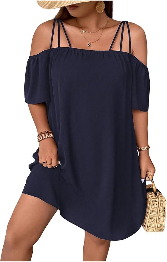 SOLY HUX Women's Plus Size Dresses Off Shoulder Short Sleeve Short Dresses Causal Loose Tunic Summer Dress Plain Dark Blue 1XL