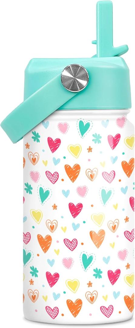 Kids Water Bottle with Straw Lid - Insulated 12 Oz Stainless Steel Water Bottles for Girls - Heart Water Bottle Travel Cup for School Sports