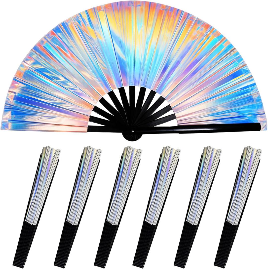 6pcs Line Dance Fan Rave Fan for Line Dancing 13" Big Folding Handheld Fans Holographic Laser Colors Clack Fans Bulk for Festivals Rainbow Outfits Disco Party Home Decorative Cooling (Silver)