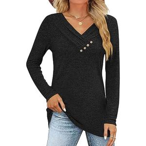 FMEYOA Women's Fall Long Sleeve Tunic Tops for Leggings V Neck Button Casual Blouse Sweatshirt, M