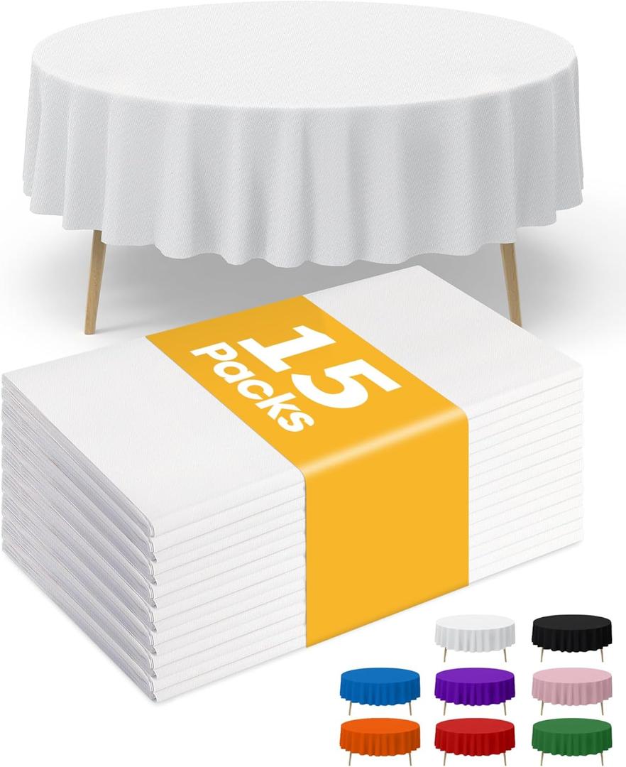 White Plastic Table Cloth Round Table 15 Pack, 84'' Tablecloth for Round Tables, Table Cloth for Disposable Use, Table Cover for Holiday Party, Gathering White Plastic Table Cloth Round Table 15 Pack, 84'' Tablecloth for Round Tables, Table Cloth for Disposable Use, Table Cover for Holiday Party, Gathering