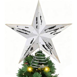 Gejoy 11'' Christmas Tree Topper Rustic Wooden Christmas 3D Five-Pointed Star Tree Topper Vintage Xmas Star Holiday Ornament for Party Office Holiday Indoor Outdoor Decoration