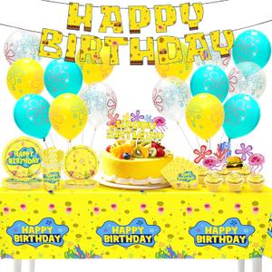 199Pcs Yellow Birthday Decorations Tableware Yellow Cartoon Under-the-Sea Party Supplies Include Banner Balloons Plates Napkins Cups tablecloth Cupcake Toppers and Cake Topper for Party Decor Sever 24
