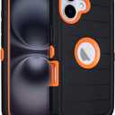 for Phone Case iPhone 16 Case Defender, 3 Layers of Sturdy,Rugged Full-Body for iPhone Case 16,for Black iPhone 16 Case Heavy Duty, Anti-Drop,Shockproof Cover for iPhone 16 (Black & Orange)