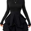 MakeMeChic Women's Long Sleeve Mini Dress Ruffle Hem Mock Neck A Line Fall Wedding Guest Short Dresses Black Large