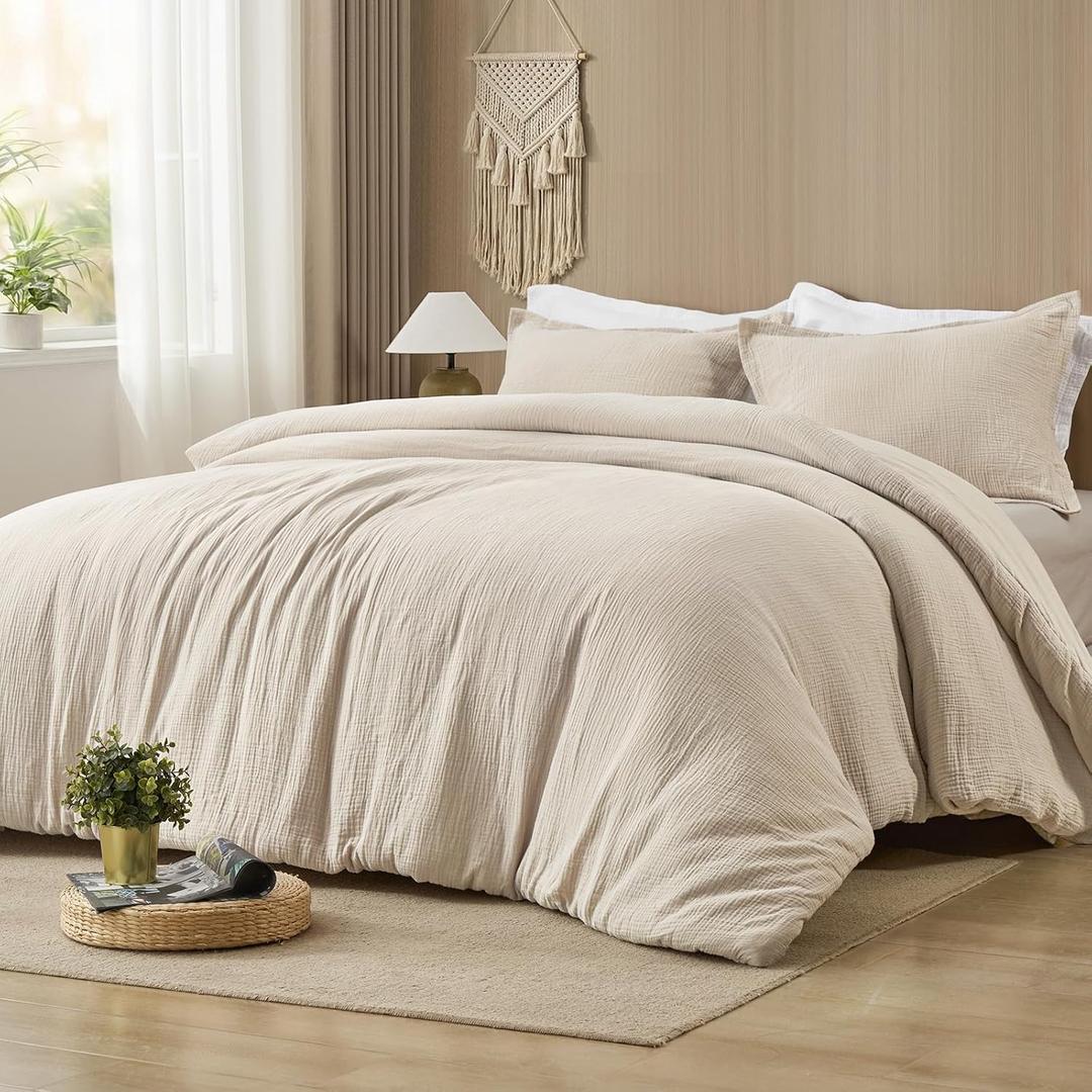 PHF Cotton Muslin Comforter Set King 100% Cotton Cover, Ultra Soft & Breathable, 3PCS Lightweight All-Season Bedding with Polyester Fill, 1 Comforter 104"x90" & 2 Pillow Shams 20"x36", Natural