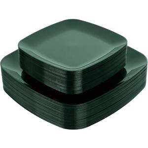 PULOTE 60PCS Green Square Plastic Plates - Green Disposable for 30 Green Guests Include 30 Dinner and 30 Dessert Plates for Party&Christmas