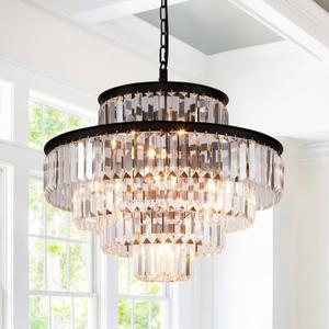 GMlixin Black Modern Crystal Chandelier Pendant Ceiling Lights Chandeliers Lighting Fixture for Dining Living Room Foyer Hallway 12-Lights (Dia 24 Inch)