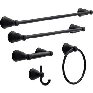 Franklin Brass Kinla 5-Piece Bathroom Set Matte Black 18" and 24" Towel Bar Racks, Toilet Paper Holder, Ring, Hook KIN5PC-MB
