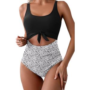 Eomenie Women's One Piece Swimsuit Tummy Control Slimming Bathing Suit Cutout Tie Knot Swimwear (X-Large, Black Print)