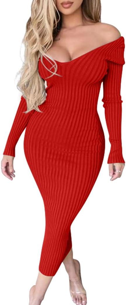 BEAGIMEG Women's Sexy Long Sleeve Off Shoulder Knit Bodycon Long Dress (Large, Red)