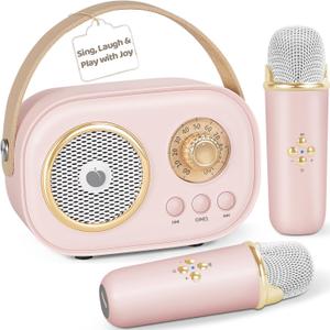 PRUNUS C20 Mini Karaoke Machine,Valentines Day Gifts for Her Him Kids Mens,Portable Bluetooth Speaker with 2 Wireless Microphone for Boys Girls 3-12+ Years Old Birthday Party Pink.C20-Pink