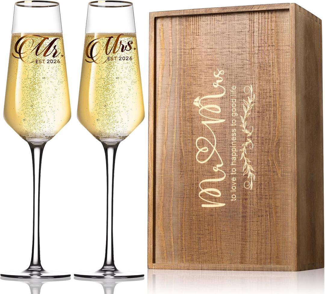 Wedding Champagne Flutes Glasses Set of 2, Hand Blown Wedding Toasting Flutes for Bride and Groom, Mr and Mrs Champagne Glasses for Wedding Engagement Anniversary Bridal Shower(Commemorative Box Set)