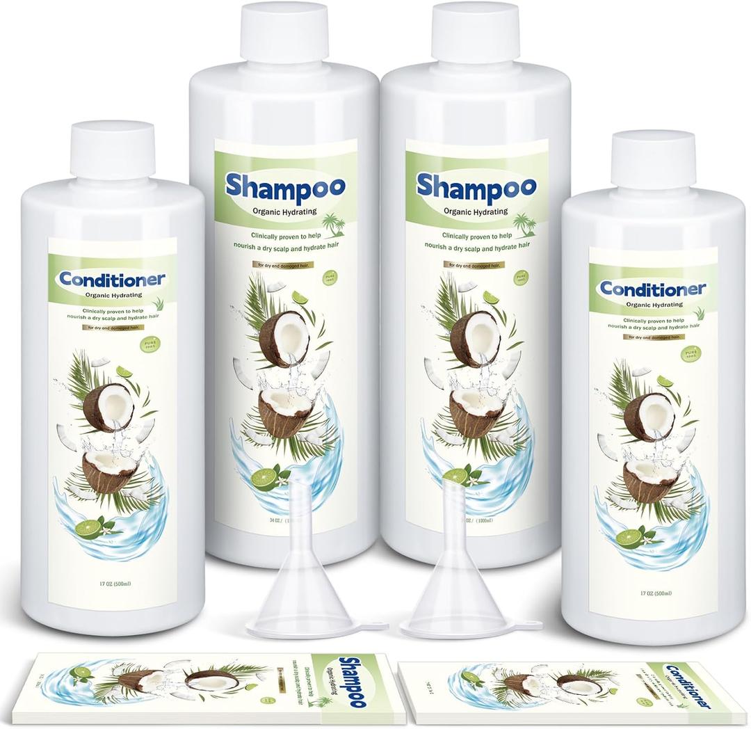 SiliFine 4 Pcs Extra Large Plastic Flask Kit 17 oz 34 oz Empty Shampoo Conditioner Bottles Funnel Flasks Kit Bottle Leak Proof Cruise Bottle Plastic Container, Bottles for Beach Cruise Ship Essentials