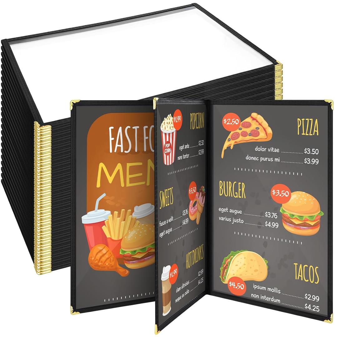 24 Pcs Restaurant Menu Covers 8.5 x 11 Inch Book Style 3 Page 6 View PVC Transparent Restaurant Menu Holder Book for Cafe Bar Hotel, Black