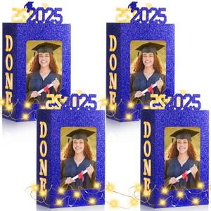2025 4 Sets of Graduation Table Decorations Photo Centerpieces for Table Graduation Picture Frames Box Lighted Done Grad Party Favor for College Graduate Friends Gifts (Blue)