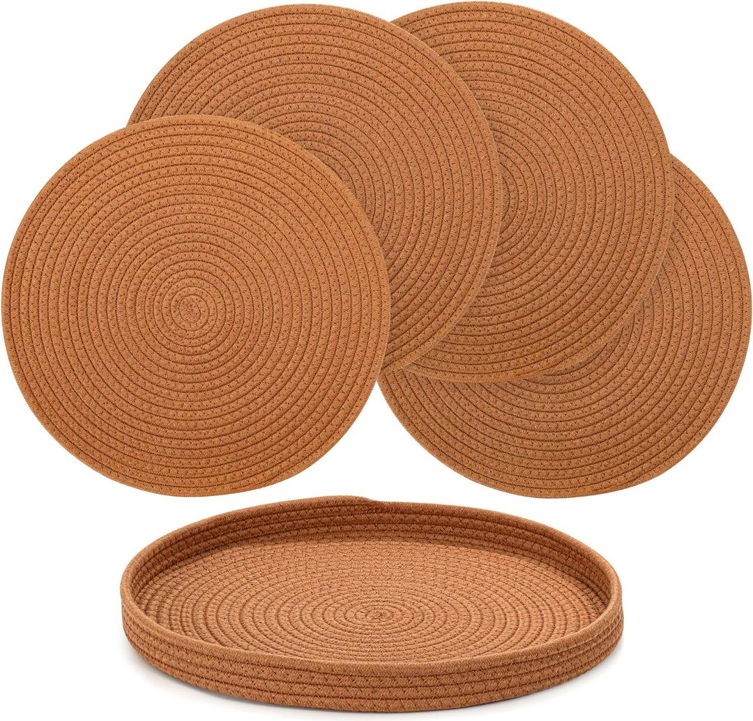 15-Inch Round Woven Placemats Set of 5 with Matching Storage Basket - Heat Resistant, Non-Slip Natural Cotton Table Mats for Indoor & Outdoor Dining, Perfect Boho & Modern Farmhouse Party Decor